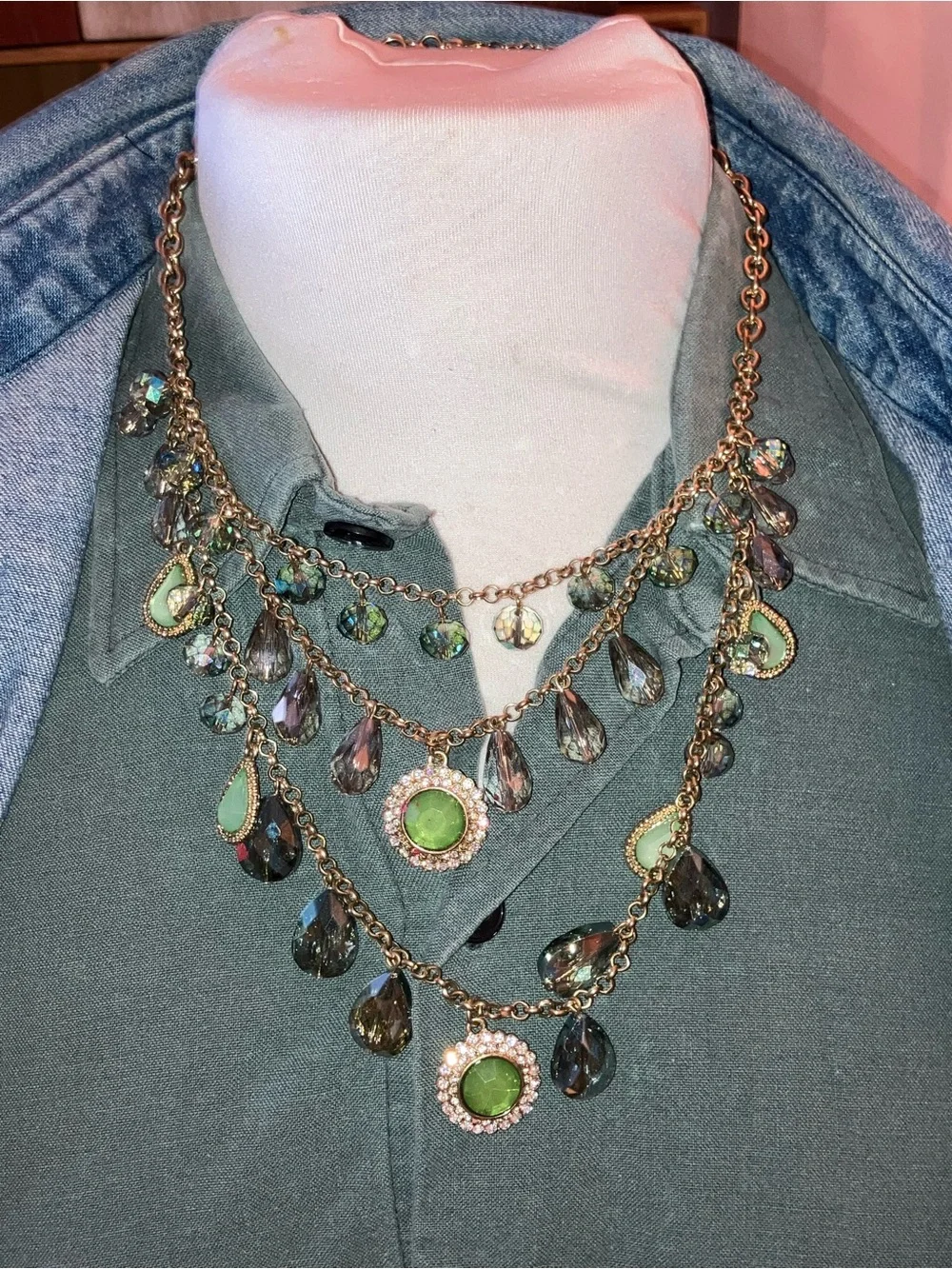 Iridescent Green Crystal Layered Necklace & 2 Earring Sets Costume Jewelry